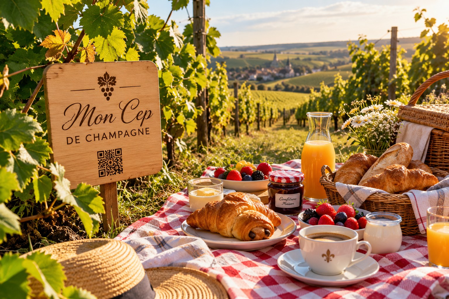 Petit-déjeuner pique-nique dans les vignes, panneau Vitis Cordis